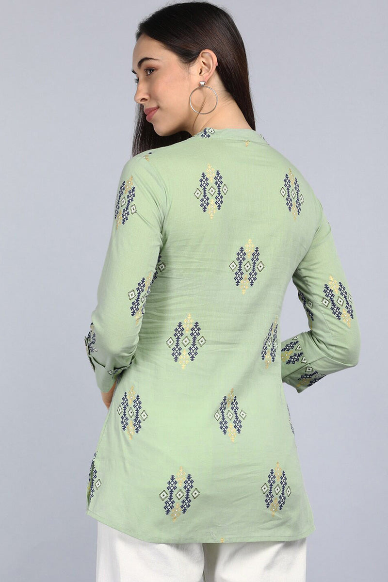 Women's Green Cotton Ethnic Motifs Regular Tunic Top - Rasiya - Distacart