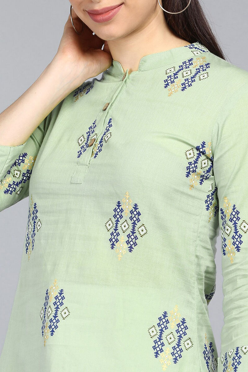 Women's Green Cotton Ethnic Motifs Regular Tunic Top - Rasiya - Distacart