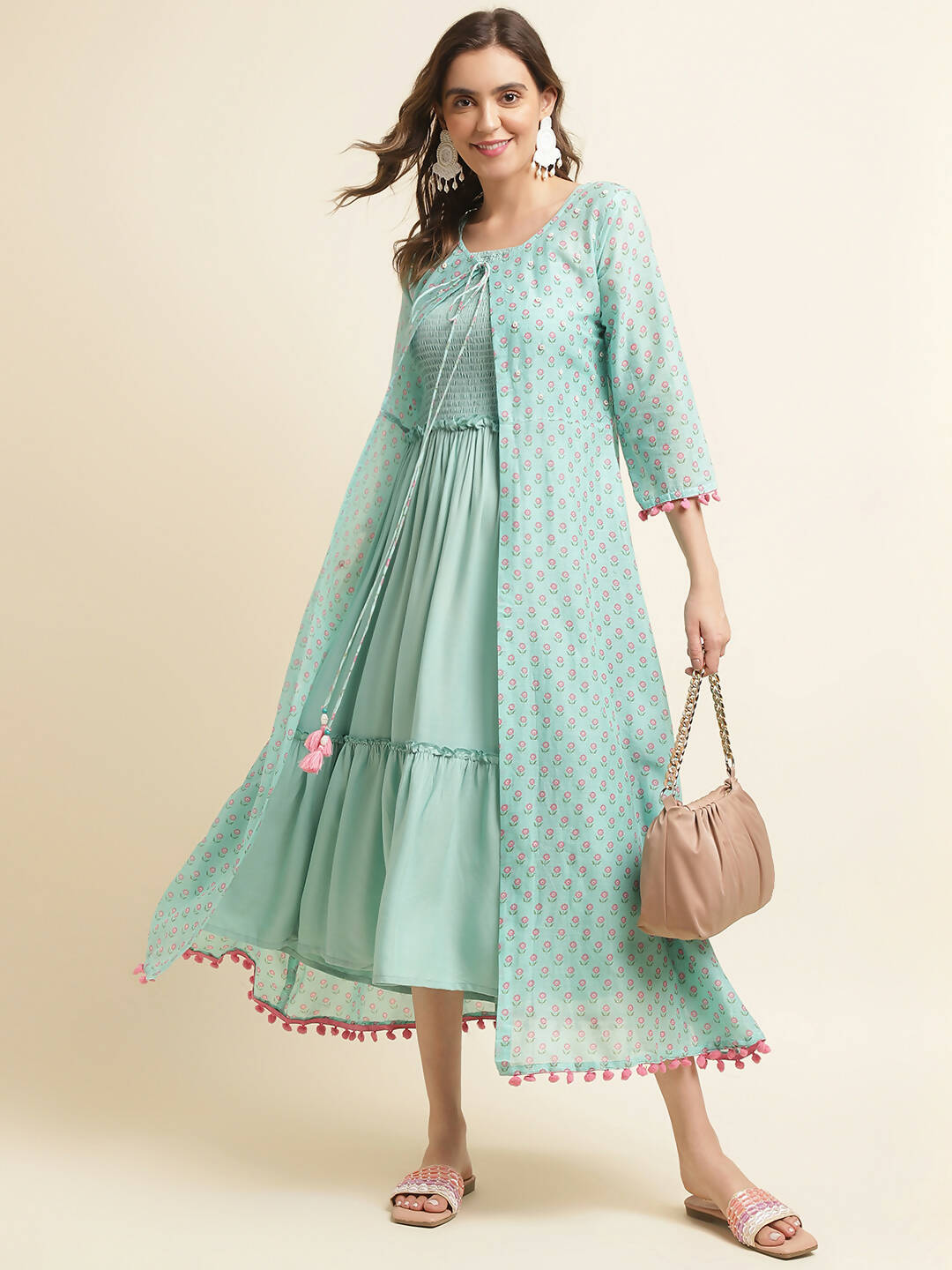 Sea Green Cotton Solid Flared Dress with Printed Shrug - Yukti - Distacart