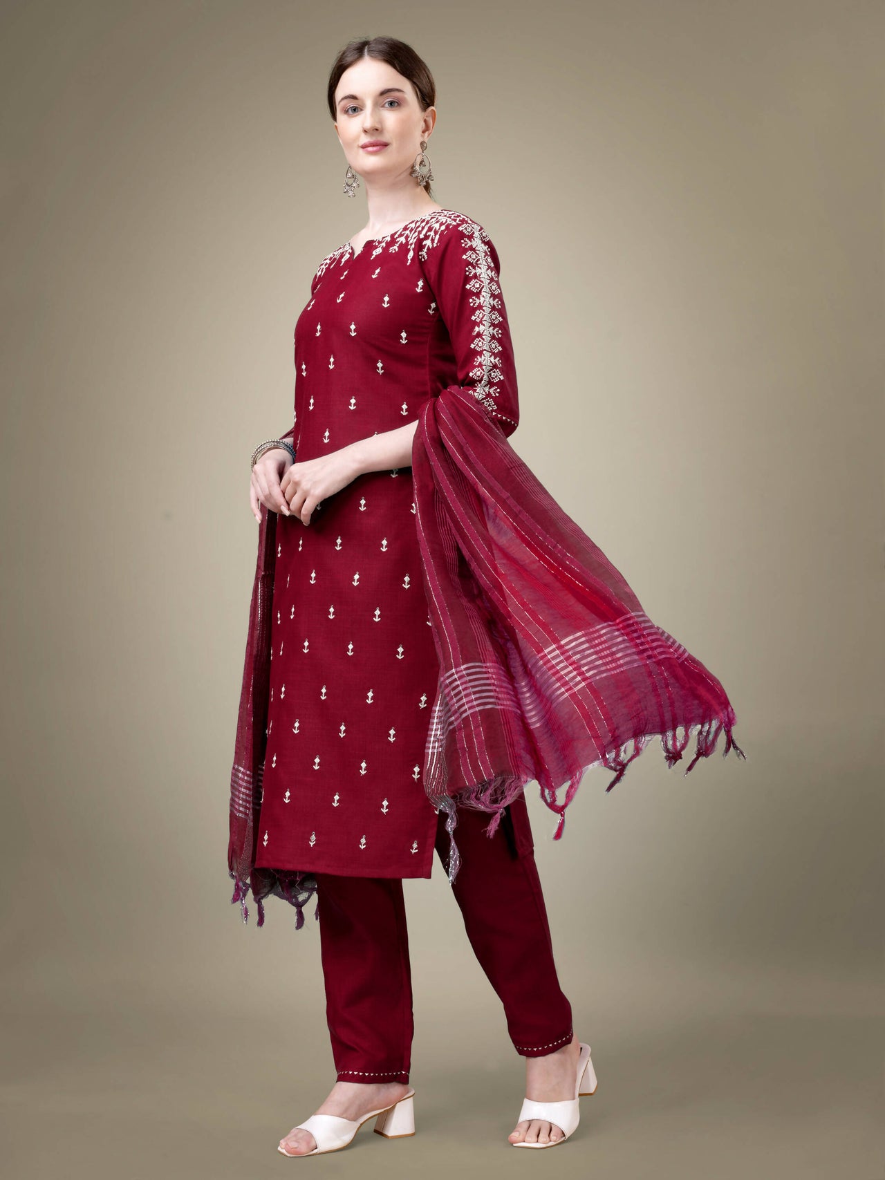 Aastha Fashion Women's Maroon Cotton Blend Embroidery & Sequence Work Kurta with Trouser & Dupatta - Distacart