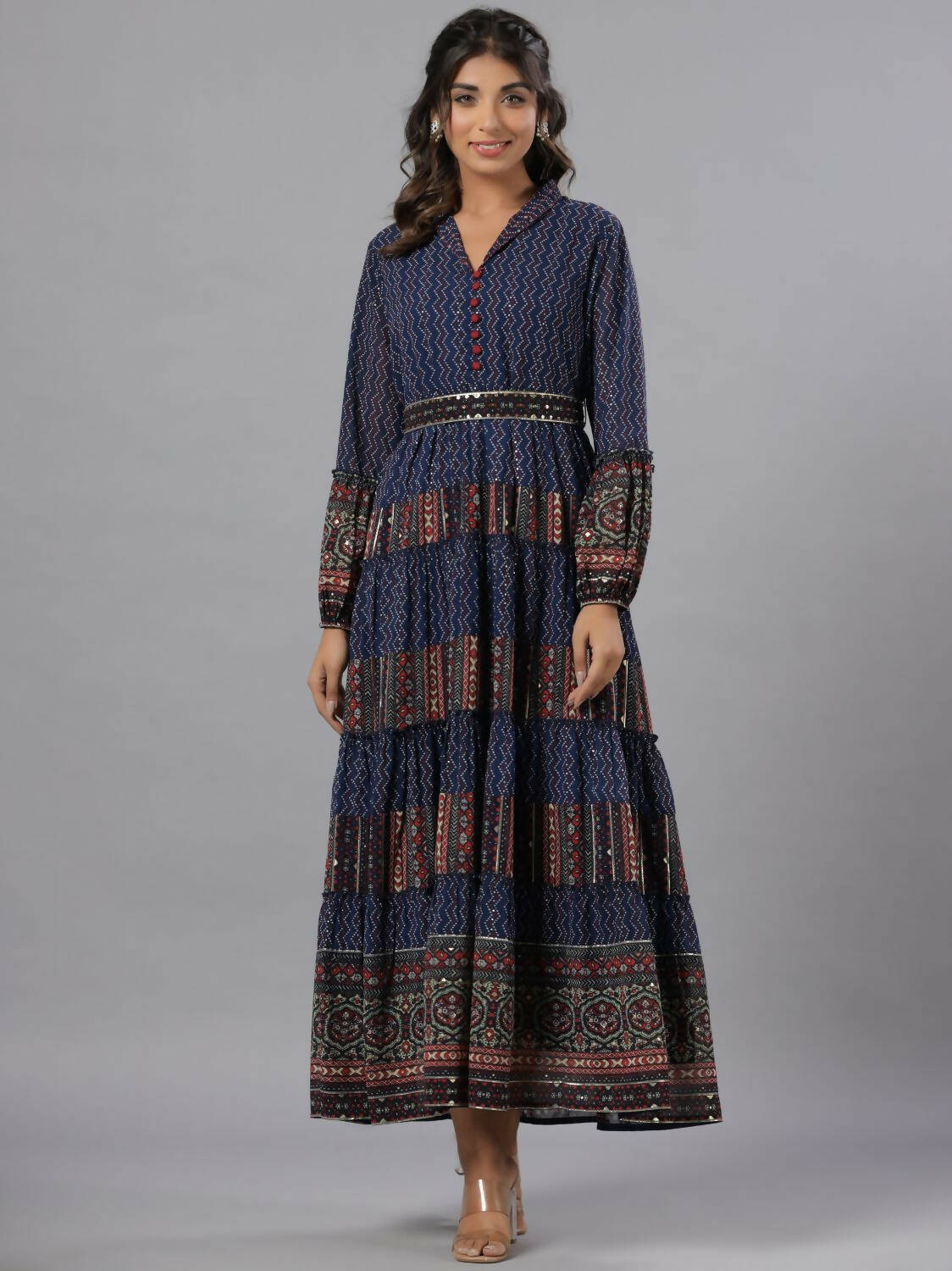 Juniper Women Navy Blue Georgette Printed Tiered Maxi Dress - Distacart