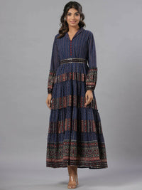 Thumbnail for Juniper Women Navy Blue Georgette Printed Tiered Maxi Dress - Distacart