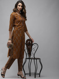 Thumbnail for Yufta Women Mustard Brown Sequinned Pure Cotton Kurta with Trouser