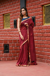 Thumbnail for Very Much Indian Pure Cotton Handloom Saree With Intricate Borders - Red - Distacart