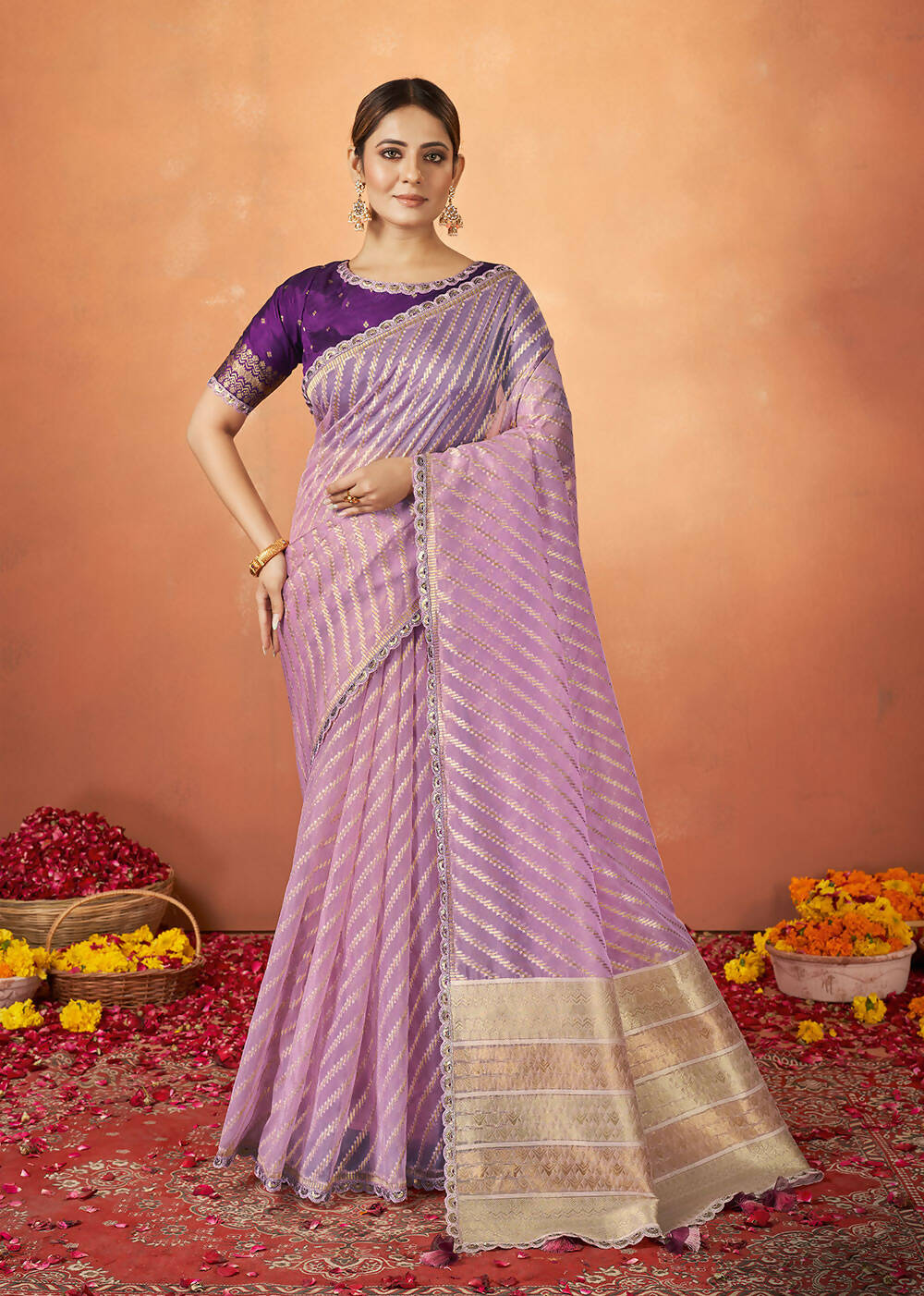 Violet Organza Silk Woven Design Saree With Unstitched Blouse Piece - Norita Royal Pradha - Distacart