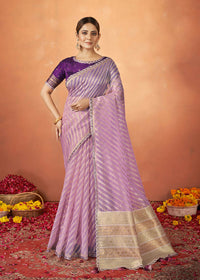 Thumbnail for Violet Organza Silk Woven Design Saree With Unstitched Blouse Piece - Norita Royal Pradha - Distacart