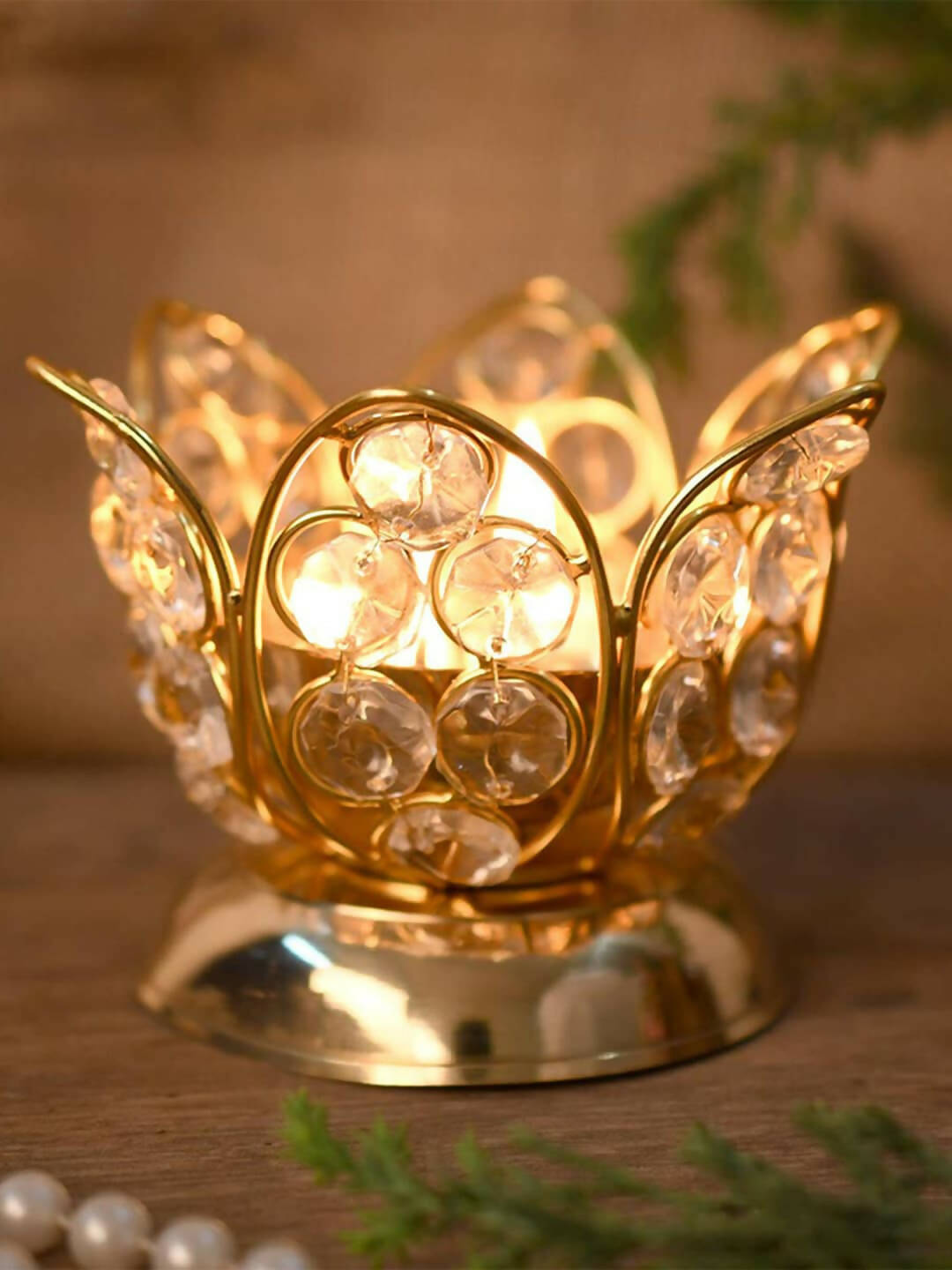 Buy CraftVatika Gold Toned Crystal Lotus Shaped Diya Online at