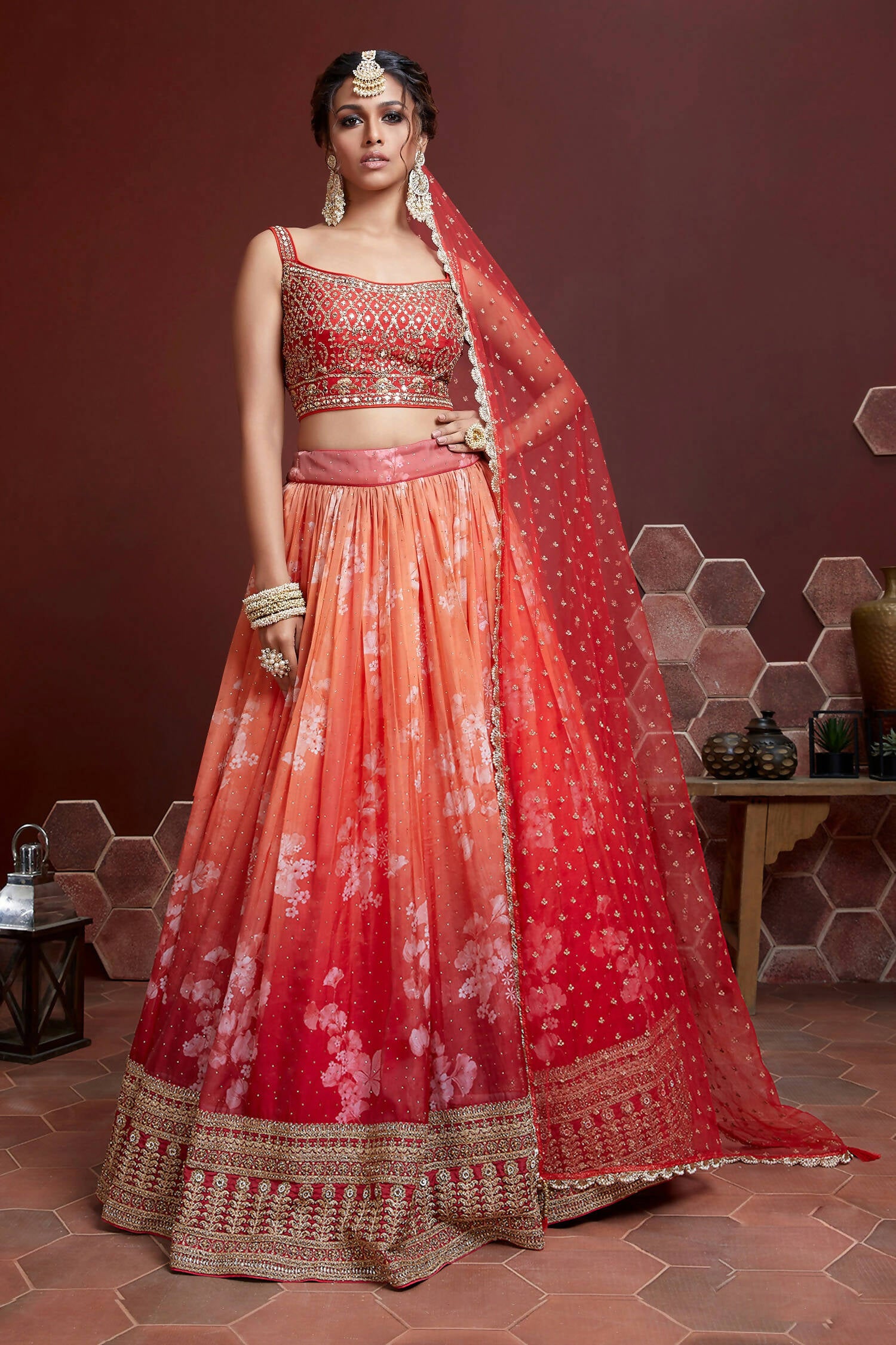 Buy Navy Blue Chinon Rajasthani Lehenga With Long Top From Ethnic Plus.