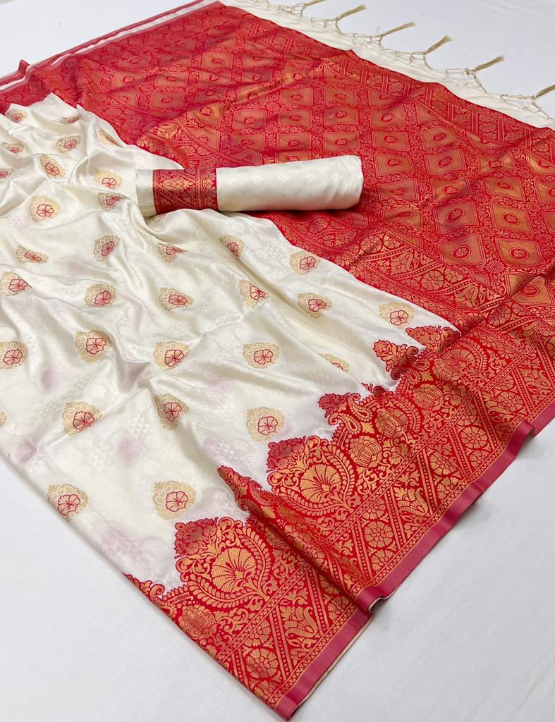 White Kanchivaram Silk Saree with Red Jacquard Border and Blouse for  Wedding in USA, UK, Malaysia, South Africa, Dubai, Singapore