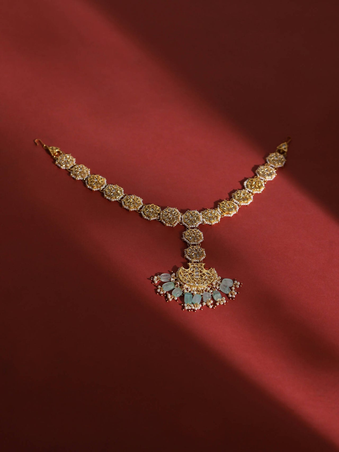 Gold-Plated White Blue Kundan-Studded Pearl Beaded Matha Patti - Ruby Raang - Distacart