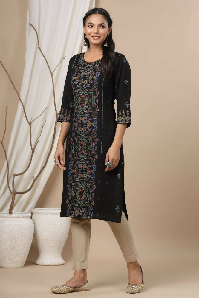 Juniper Women Black Rayon Flex Printed Straight Kurta - Distacart