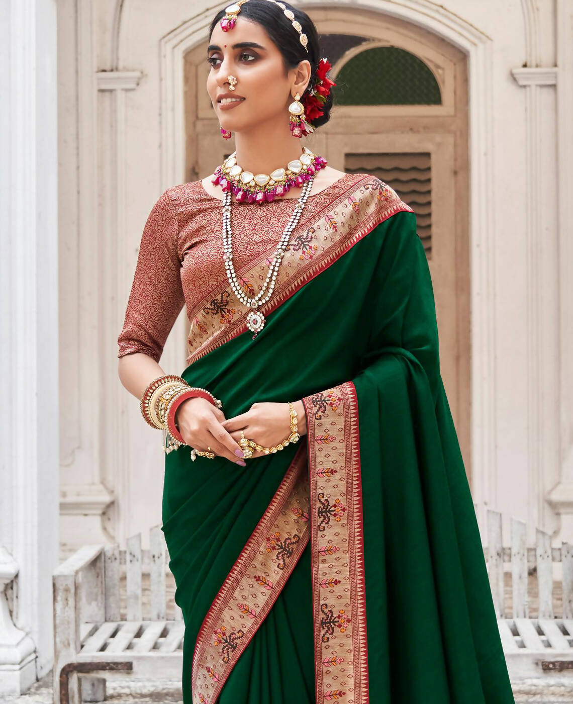 Pine Green Woven Banarasi Silk Saree with Embroidery work | South silk  sarees, Saree designs, Silk sarees