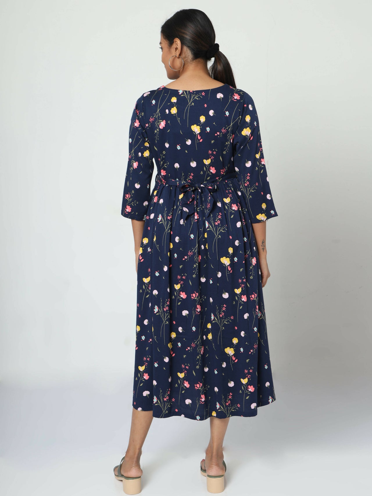 Manet Three Fourth Maternity Dress Floral Print With Concealed Zipper Nursing Access - Navy Blue - Distacart