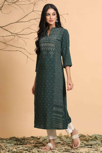 Thumbnail for Juniper Women Jade Green Rayon Slub Bandhani Printed A-Line Kurta - Distacart