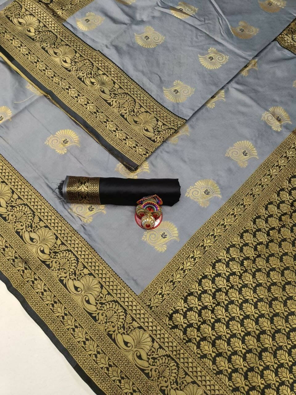 DEIANA'S Beautiful Golden Jari with New Design Soft Lichi Silk Saree - Grey - Distacart