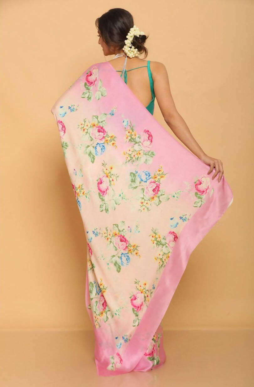 Satin Digital print Pink Saree with Blouse