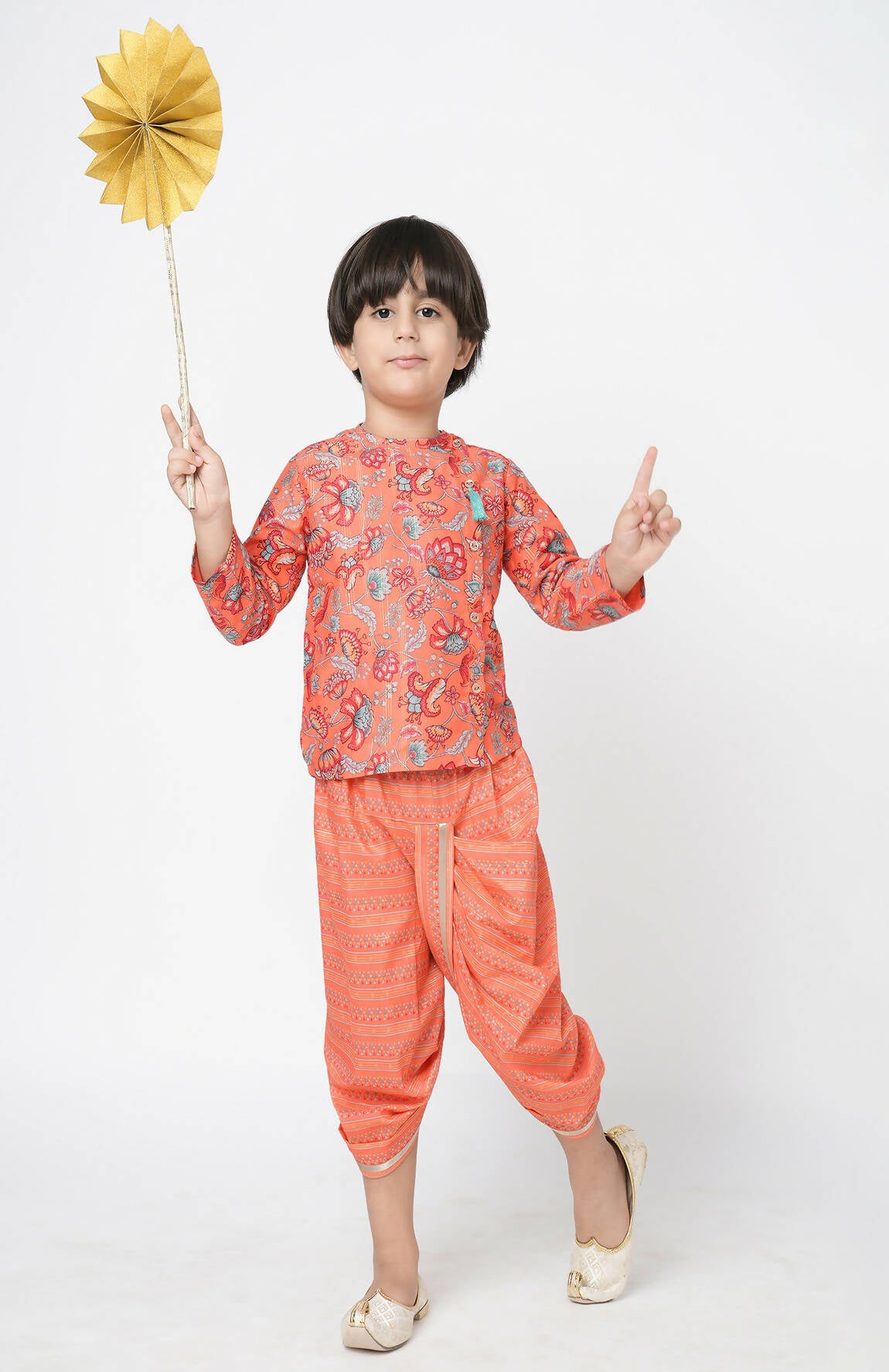 Lil Drama Golden Weaves Boys Orange Kurta With Dhoti Set - Distacart