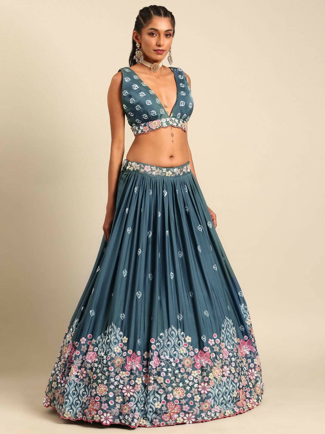 House of Panchhi Teal Blue Chinon Sequins embroidery Lehenga choli & Dupatta - Distacart