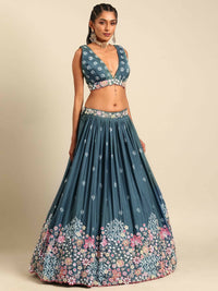 Thumbnail for House of Panchhi Teal Blue Chinon Sequins embroidery Lehenga choli & Dupatta - Distacart