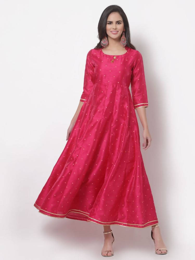 Myshka Women's Pink Silk Solid 3/4 Sleeve Round Neck Casual Anarkali Gown