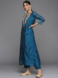 Thumbnail for Varanga Women Teal Blue & Silver Zari Yoke Straight Kurta with Trousers & With Dupatta - Distacart