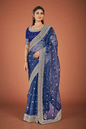 Lavanya The Label Blue Floral Organza Saree - Absolutely Desi