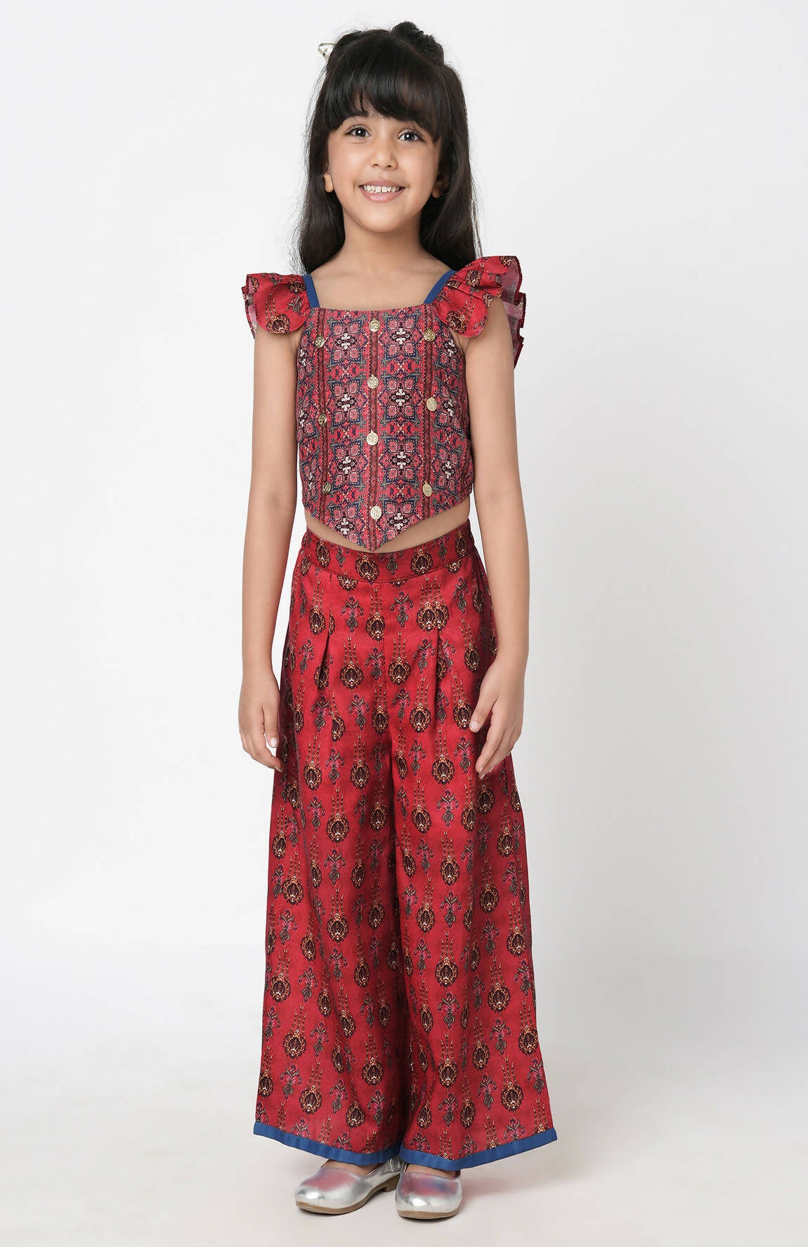 Lil Drama Ethnic Twist Girls Red Print Box Pleat Pant With Top Co-Ordinate Set - Distacart