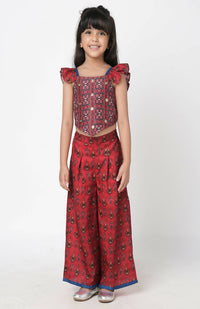 Thumbnail for Lil Drama Ethnic Twist Girls Red Print Box Pleat Pant With Top Co-Ordinate Set - Distacart