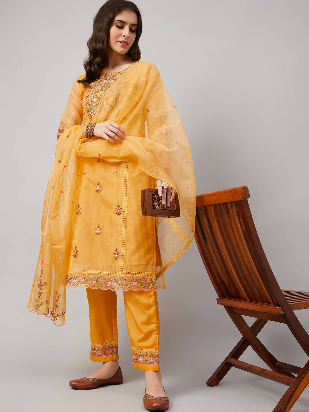 Yellow Organza Embroidered Kurta with Bottom & Dupatta - Salimar - Distacart