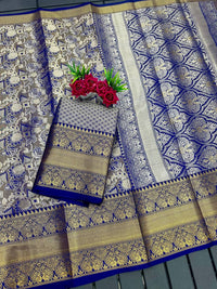 Thumbnail for Malishka Pure Kanjivaram Silk Sareee With Blouse Piece - Navy - Distacart