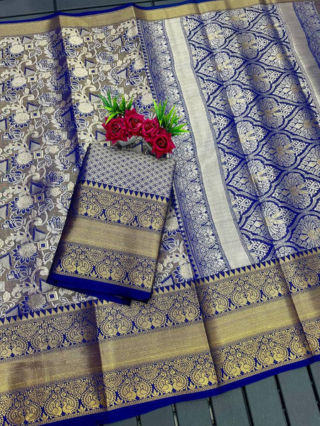 Malishka Pure Kanjivaram Silk Sareee With Blouse Piece - Navy - Distacart