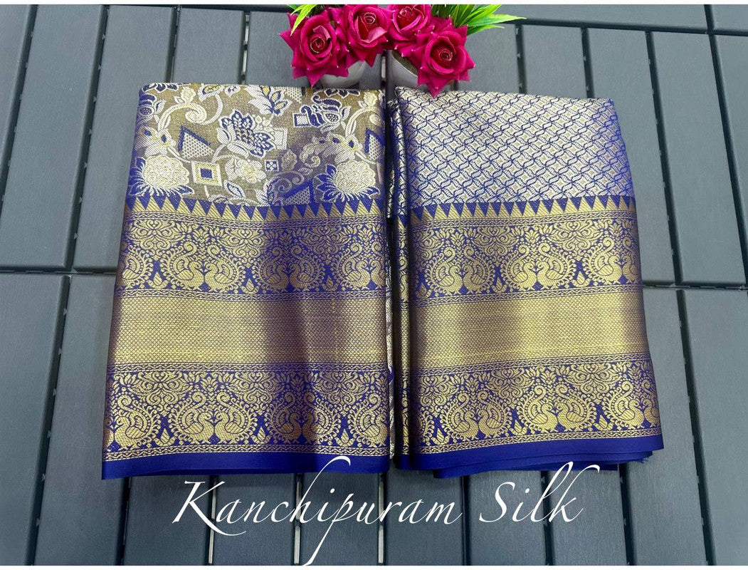 Malishka Pure Kanjivaram Silk Sareee With Blouse Piece - Navy - Distacart