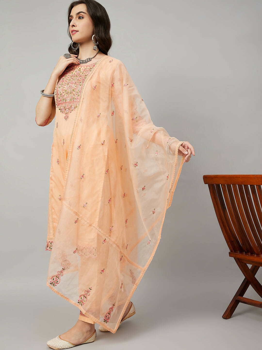 Orange Organza Embroidered Kurta with Bottom & Dupatta - Salimar - Distacart