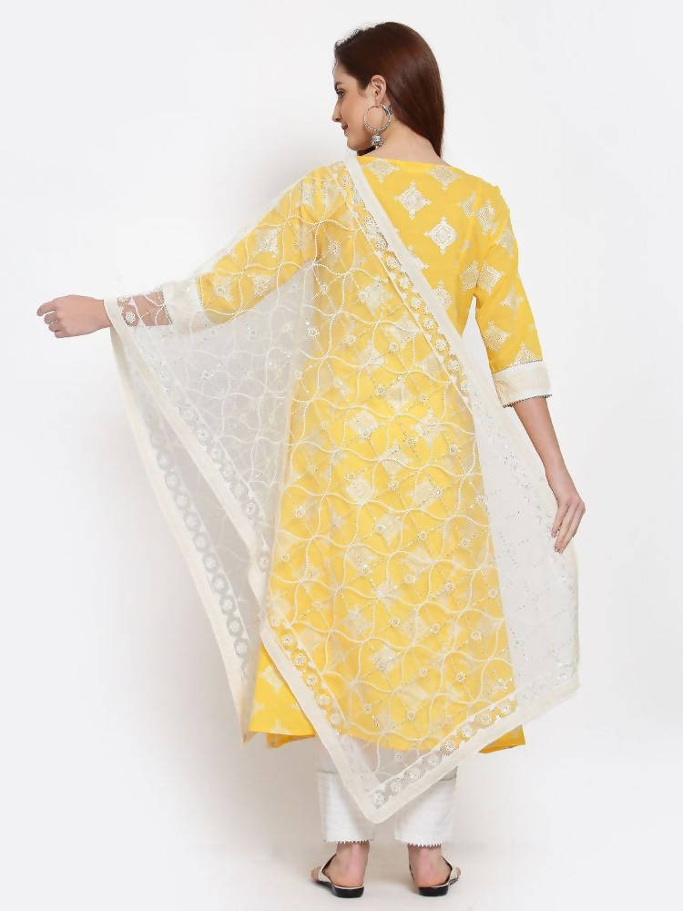 Myshka Women's Yellow Printed Cotton 3/4 Sleeve Round Neck Casual Kurta Pant Dupatta Set