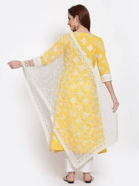 Thumbnail for Myshka Women's Yellow Printed Cotton 3/4 Sleeve Round Neck Casual Kurta Pant Dupatta Set