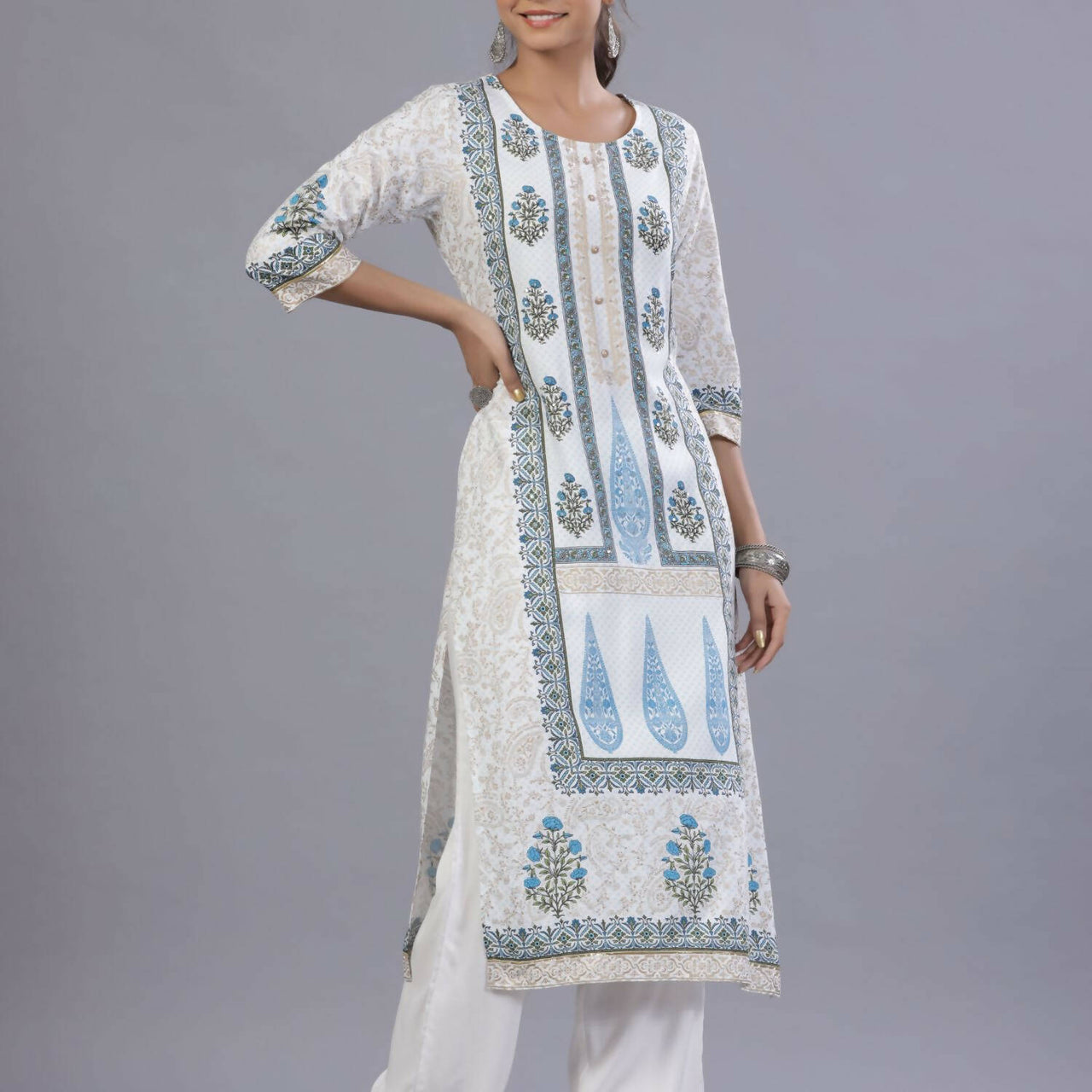 Juniper Women Blue Rayon Printed Kurta, Pants and Dupatta Set - Distacart