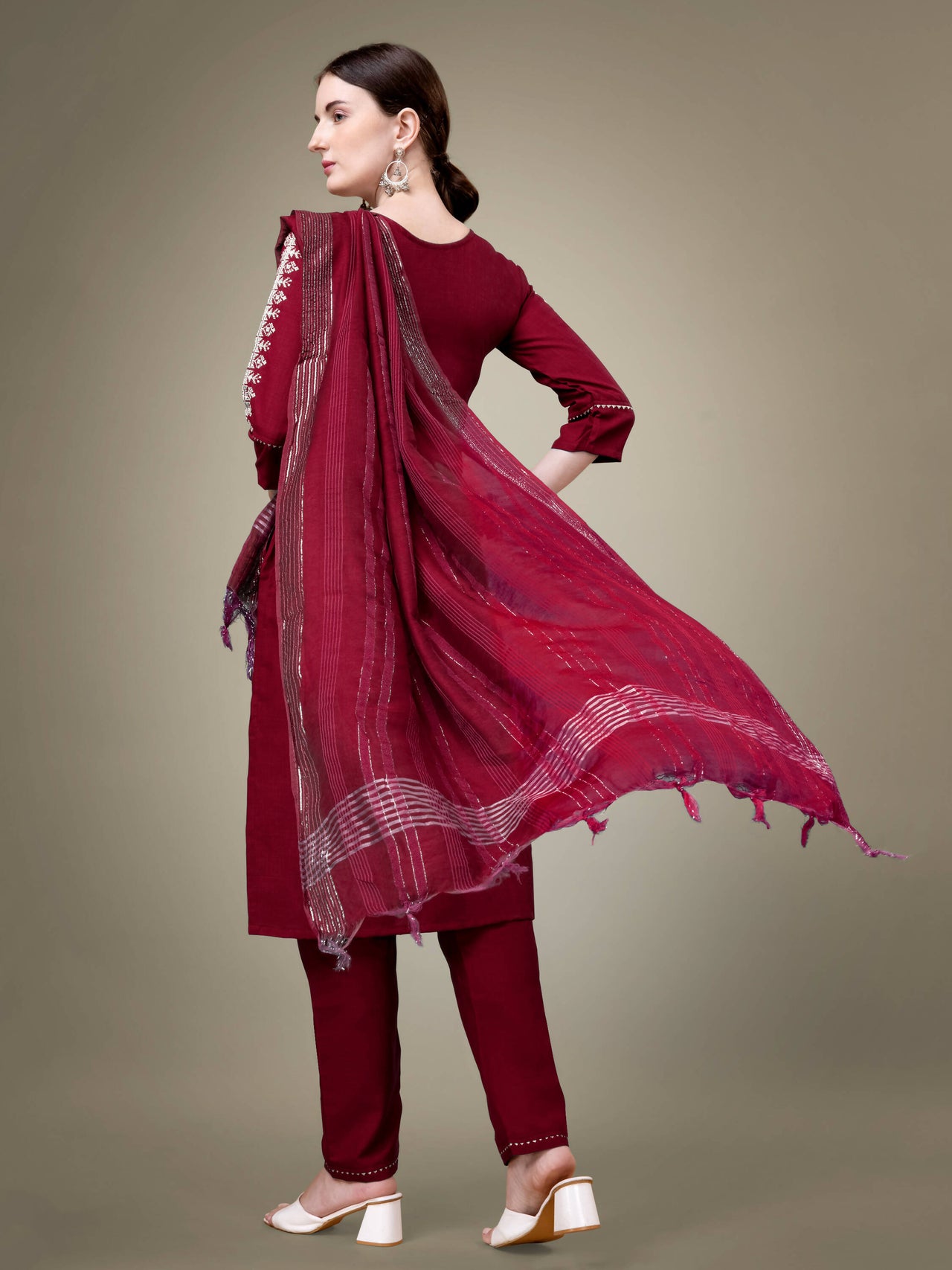 Aastha Fashion Women's Maroon Cotton Blend Embroidery & Sequence Work Kurta with Trouser & Dupatta - Distacart