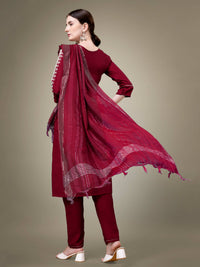 Thumbnail for Aastha Fashion Women's Maroon Cotton Blend Embroidery & Sequence Work Kurta with Trouser & Dupatta - Distacart