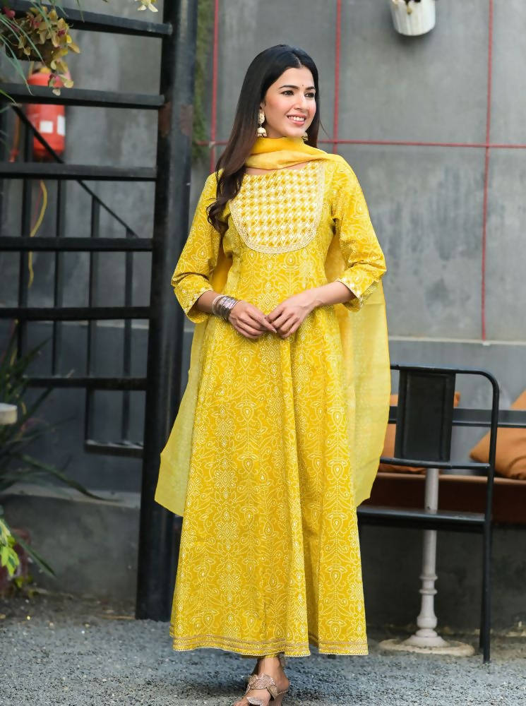 Yufta Women Yellow Handblock Printed Kurti And Trouser With Dupatta