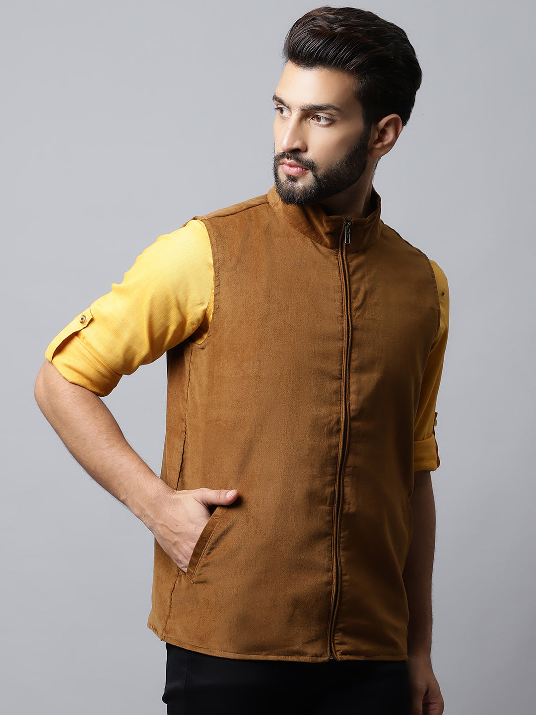 Sea green and brown boota printed nehru jacket by Desi Doree | The Secret  Label
