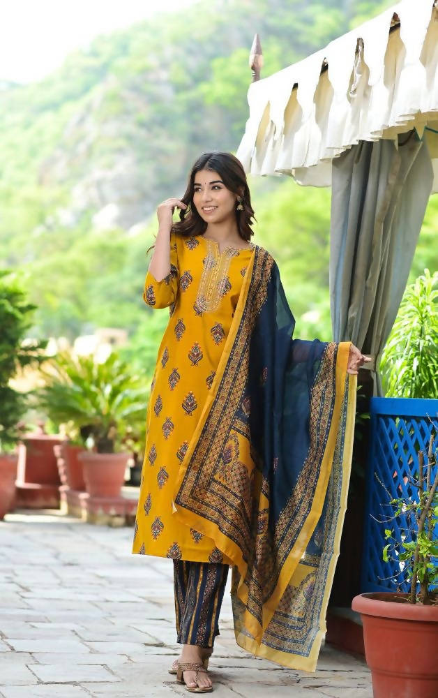 Yufta Women Mustard Yellow & Navy Blue Printed Kurta with Trouser and Dupatta