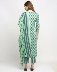 Thumbnail for Aastha Fashion Women's Pista Green Cotton Jaipuri Printed Kurta with Trouser & Dupatta - Distacart