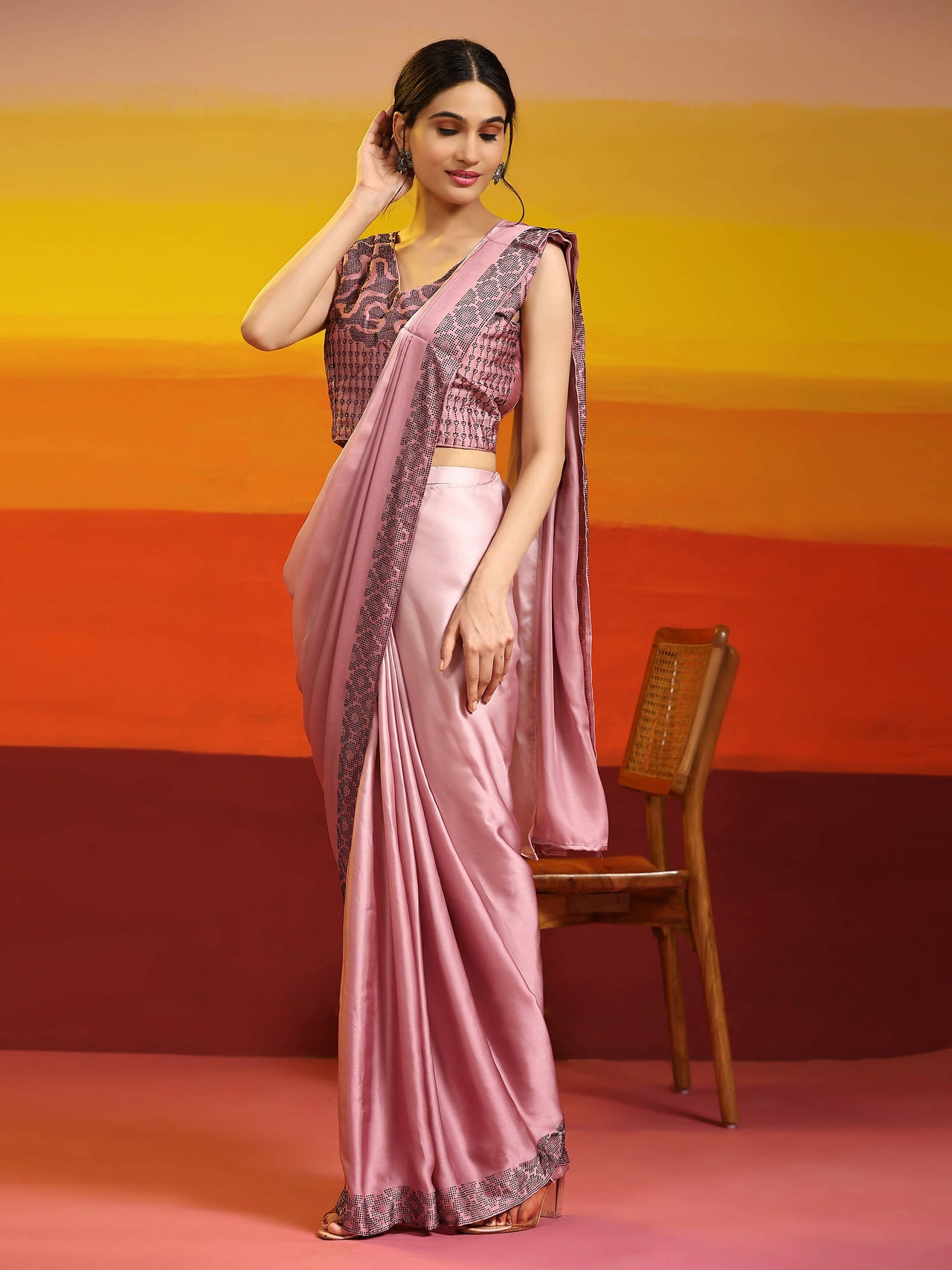 Purple Ombre Satin Georgette Plain Ready to wear Saree with stitched Blouse - Vrinda - Distacart