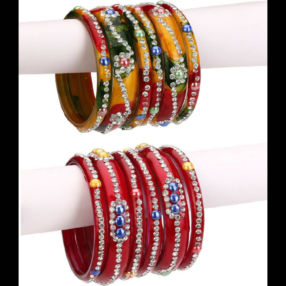 Afast Bridal Wedding & Party Fashionable Colorful Glass Bangle/Kada Set, Pack Of 12 - Yellow, Red - Distacart