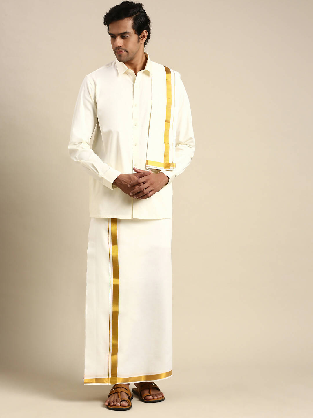 Ramraj Cotton Mens Wedding Cream Regular Dhoti, Shirt & Towel Set Subhakalyan 1/2" - Distacart