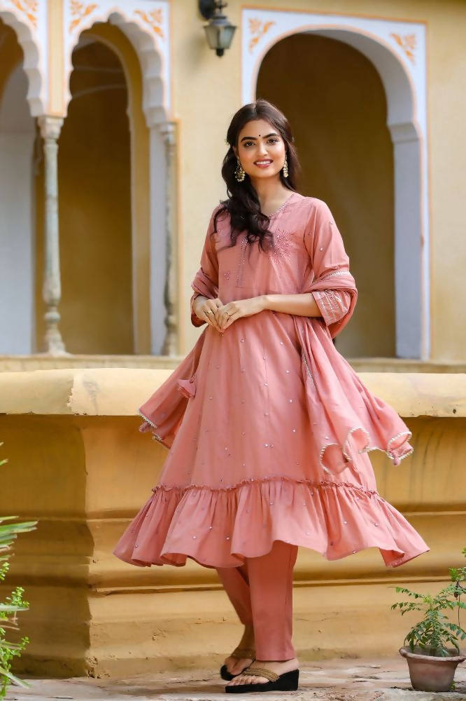 Yufta Women's Pink Tiered Embroidered Kurta with Trouser and Dupatta