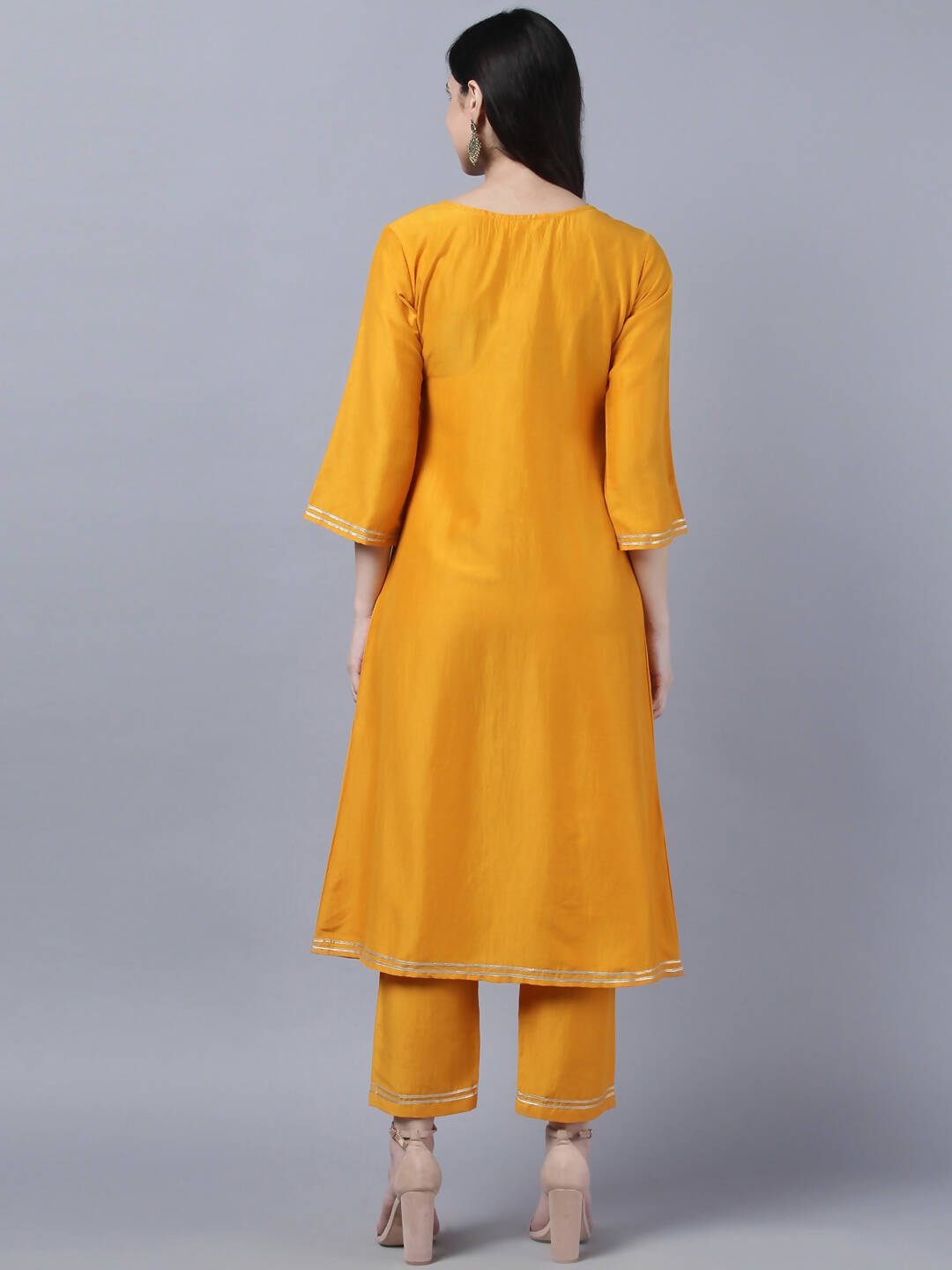 Myshka Stylish Mustard 3/4 Sleeve Women's Kurta Pant with Dupatta Set - Distacart