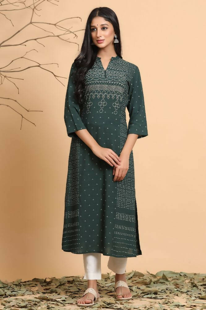 Juniper Women Jade Green Rayon Slub Bandhani Printed A-Line Kurta - Distacart