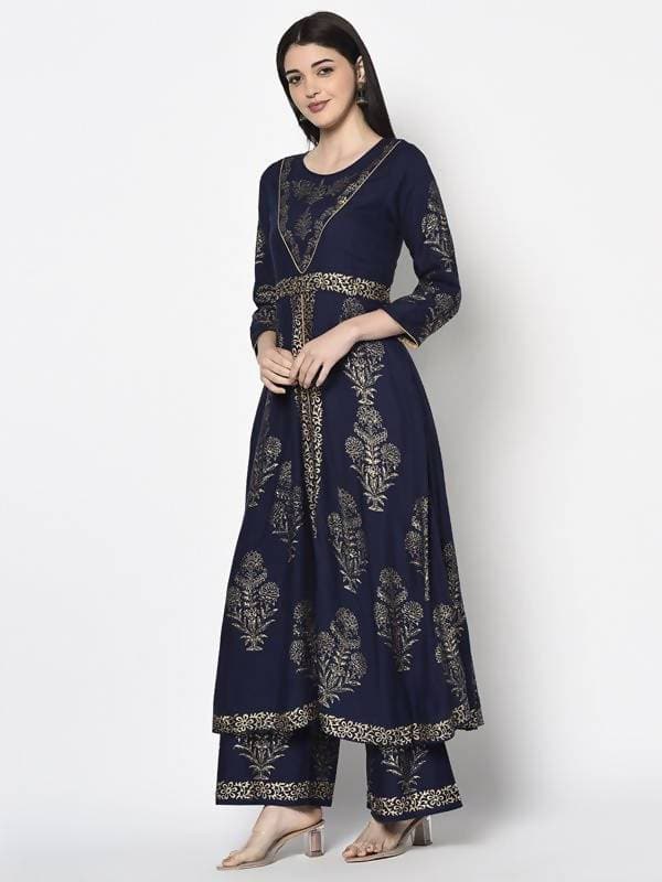 Aniyah Rayon Navy Blue Color Foil Print Anarkali Kurta (AN-192K)