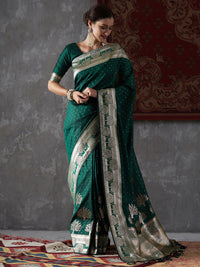 Thumbnail for Mitera Green & Gold-Toned Abstract Woven Design Zari Kanjeevaram Saree - Distacart